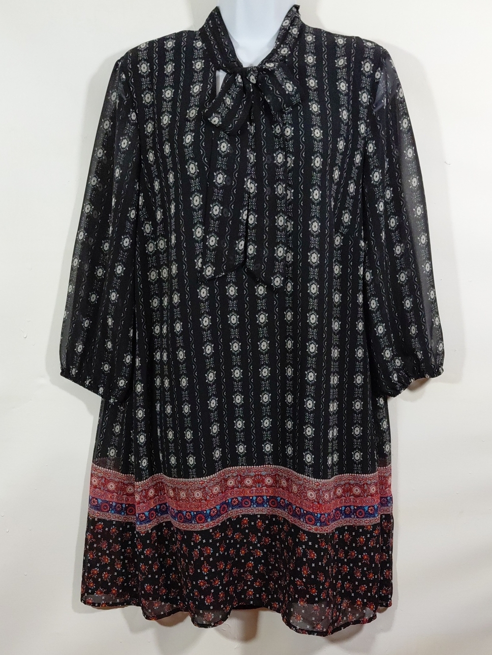 Lily Rose Black Printed Tie-Neck Knee Length Long Sleeve Dress with Border Hem L